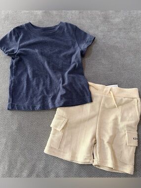 Neutral Toddler Outfit Set 12M Minimal Tee + Cargo Shorts Summer Boys